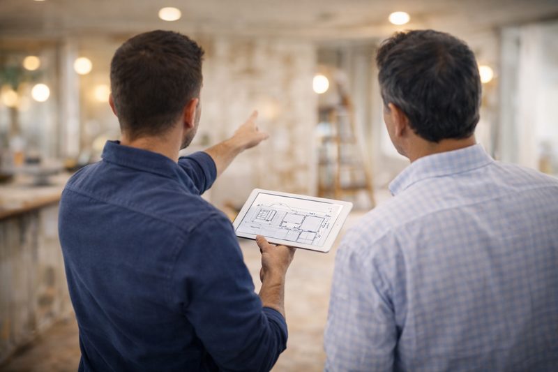 Artisan consultant des plans sur tablette